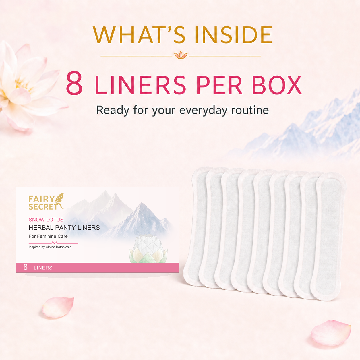 Compresas de vapor naturales con flor de loto de nieve y 7 extractos de hierbas para el equilibrio femenino, apoyo suave del pH y frescura diaria.