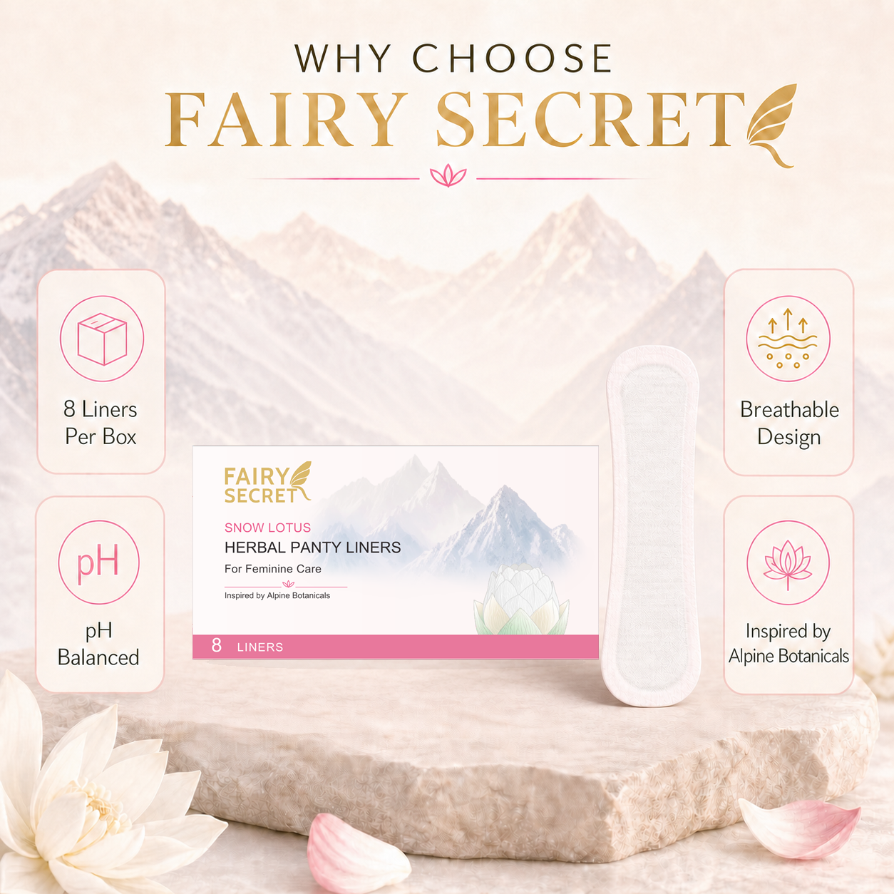 Compresas de vapor naturales con flor de loto de nieve y 7 extractos de hierbas para el equilibrio femenino, apoyo suave del pH y frescura diaria.