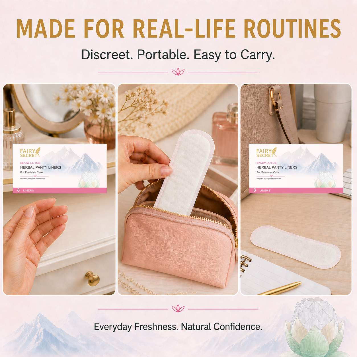 Compresas de vapor naturales con flor de loto de nieve y 7 extractos de hierbas para el equilibrio femenino, apoyo suave del pH y frescura diaria.