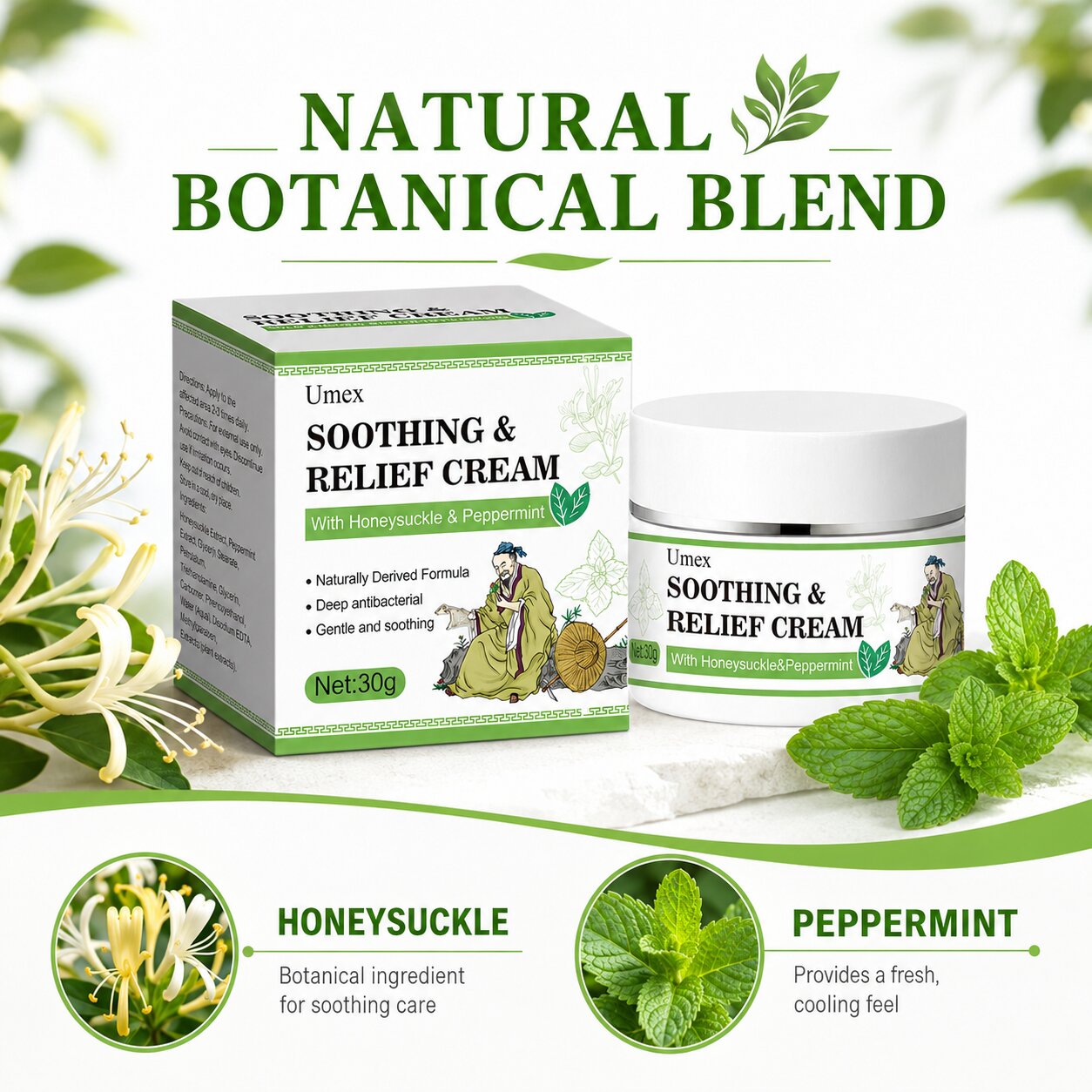 𝐎𝐟𝐟𝐢𝐜𝐢𝐚𝐥 𝐁𝐫𝐚𝐧𝐝 𝐒𝐭𝐨𝐫𝐞 |🧿Umex®  Soothing & Relief Cream with Honeysuckle & Peppermint 30g 100% Natural Plant